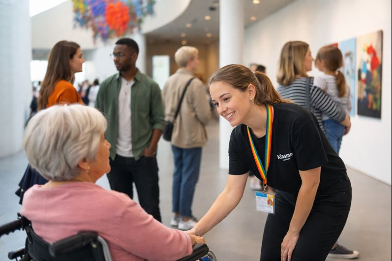 A museum staff member assists a visitor in an inclusive and calm contemporary art space, emphasizing respect, support, and accessibility for everyone.