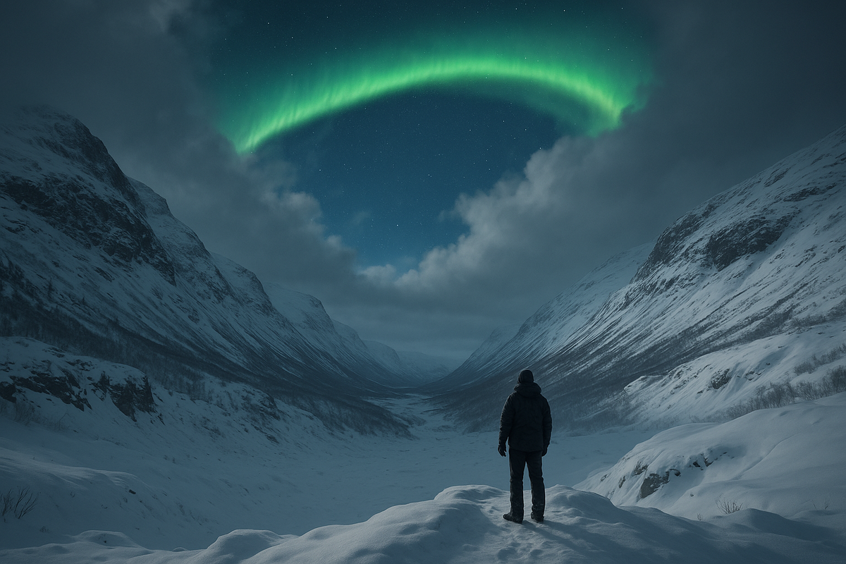 A traveler watches a rare clear-sky opening in Abisko as the northern lights shine above the mountains while the surrounding Lapland remains covered in cloud.A traveler watches a rare clear-sky opening in Abisko as the northern lights shine above the moun