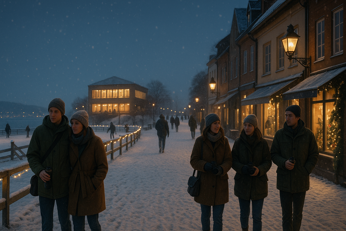 People enjoy a quiet Scandinavian winter evening with snowy promenades, city lights, skating and viewpoints instead of luxury experiences, showing how the “fairy tale” can be felt without overspending.
