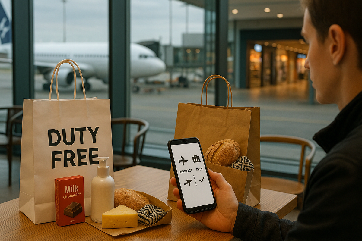A traveler at the airport compares duty-free gifts with items bought in the city, deciding what is worth purchasing in each place.