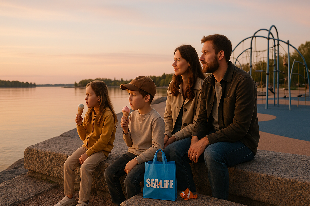 After a morning at the aquarium and time in a playground, a family ends the day in Helsinki quietly watching the sea at sunset and eating ice cream together.