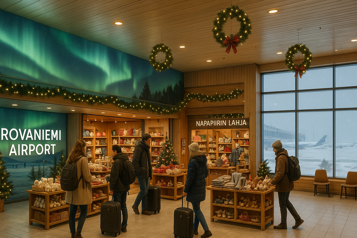 Travelers at Rovaniemi Airport browse Lapland-themed shops, including Napapiirin Lahja, surrounded by northern-lights décor and warm Arctic ambiance.