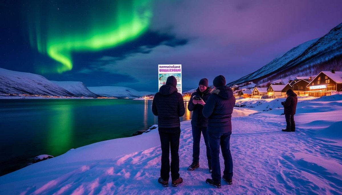 A group of travelers stands under a cloudy northern sky with no visible aurora, comparing their tired faces and forecast apps to the bright “guaranteed lights” promised in brochures.