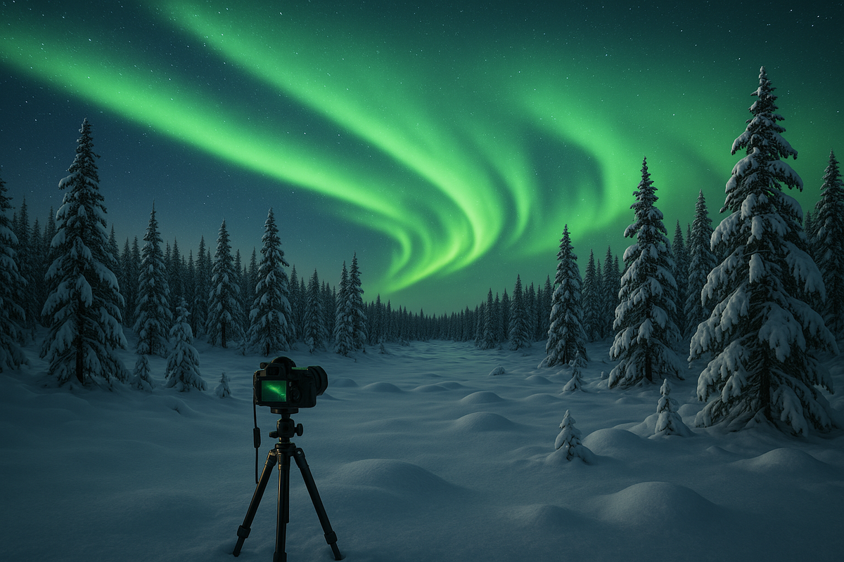 A camera set on a tripod faces a snow-covered Lapland forest as vivid green northern lights sweep across the clear Arctic sky.
