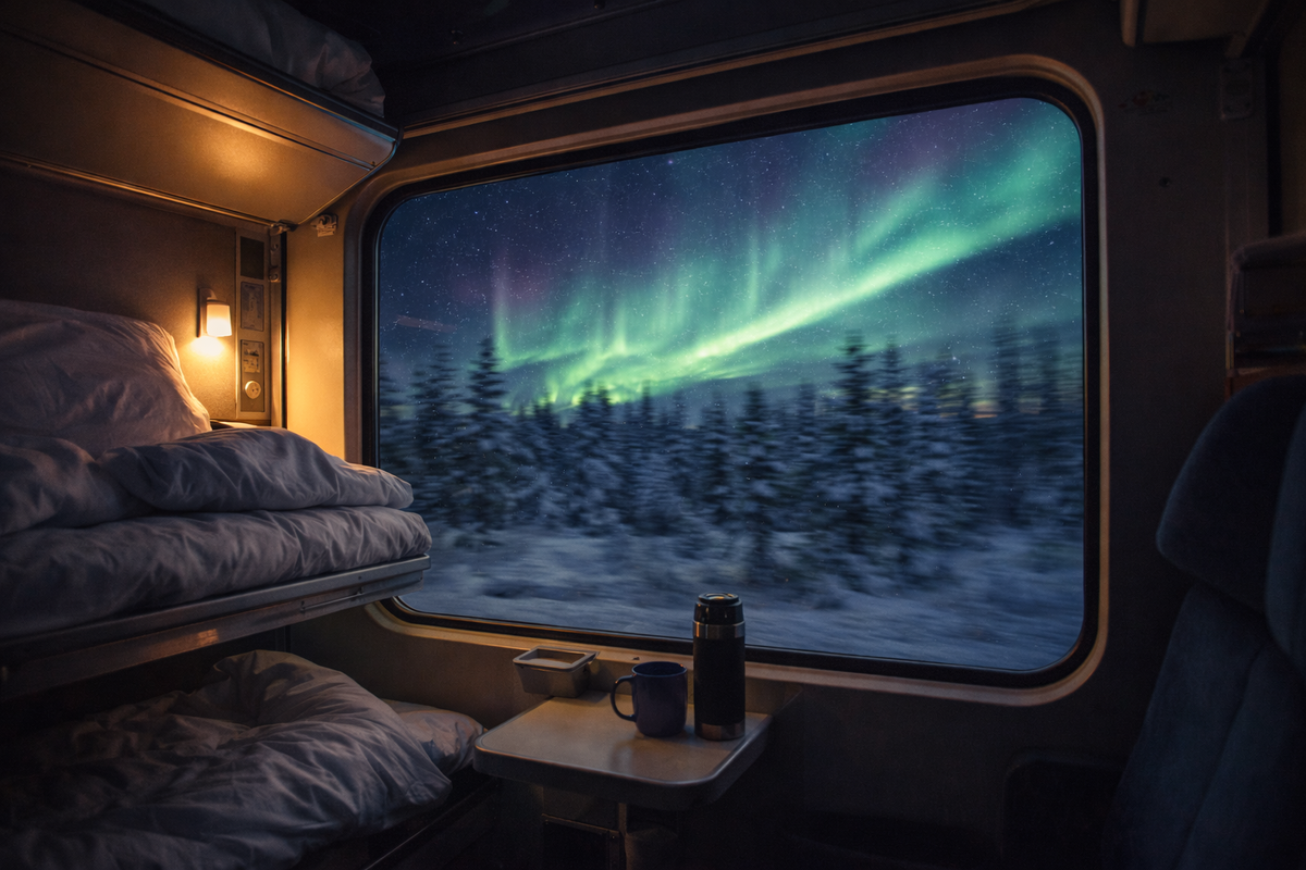 Northern Lights outside a sleeper train window on the way north.