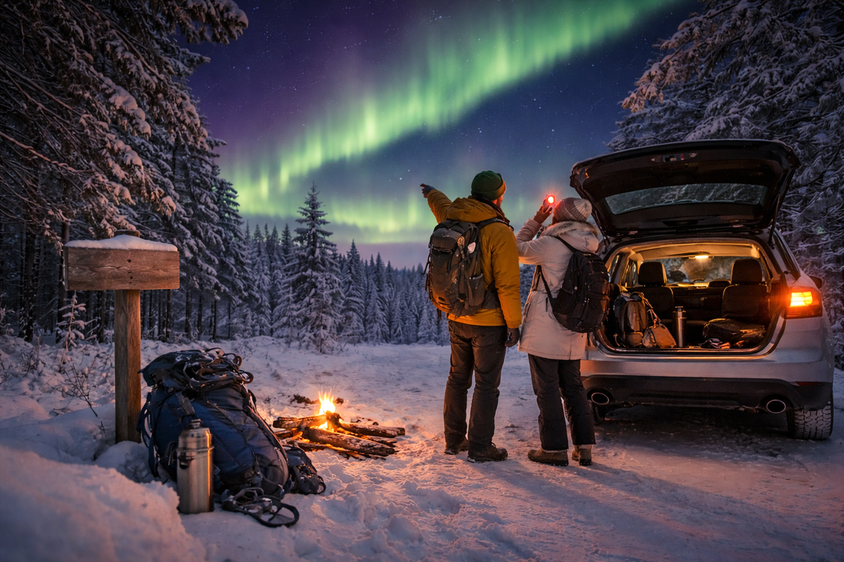 Warm gear, a parked car, and a calm aurora night.