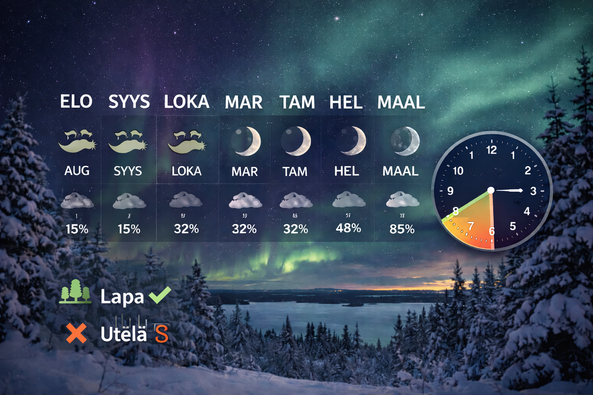 Month-by-month aurora planning with moonlight and cloud windows in mind.