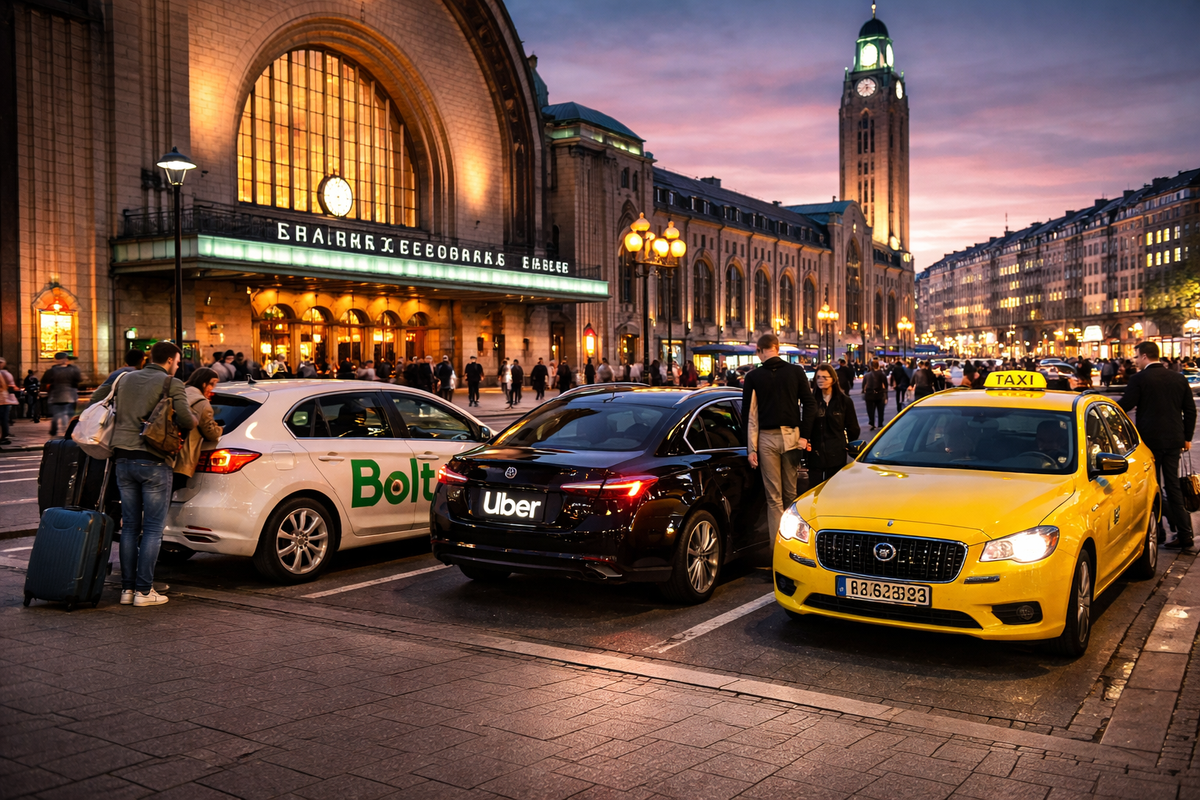Evening pickup scene in central Helsinki, comparing ride options side-by-side.
