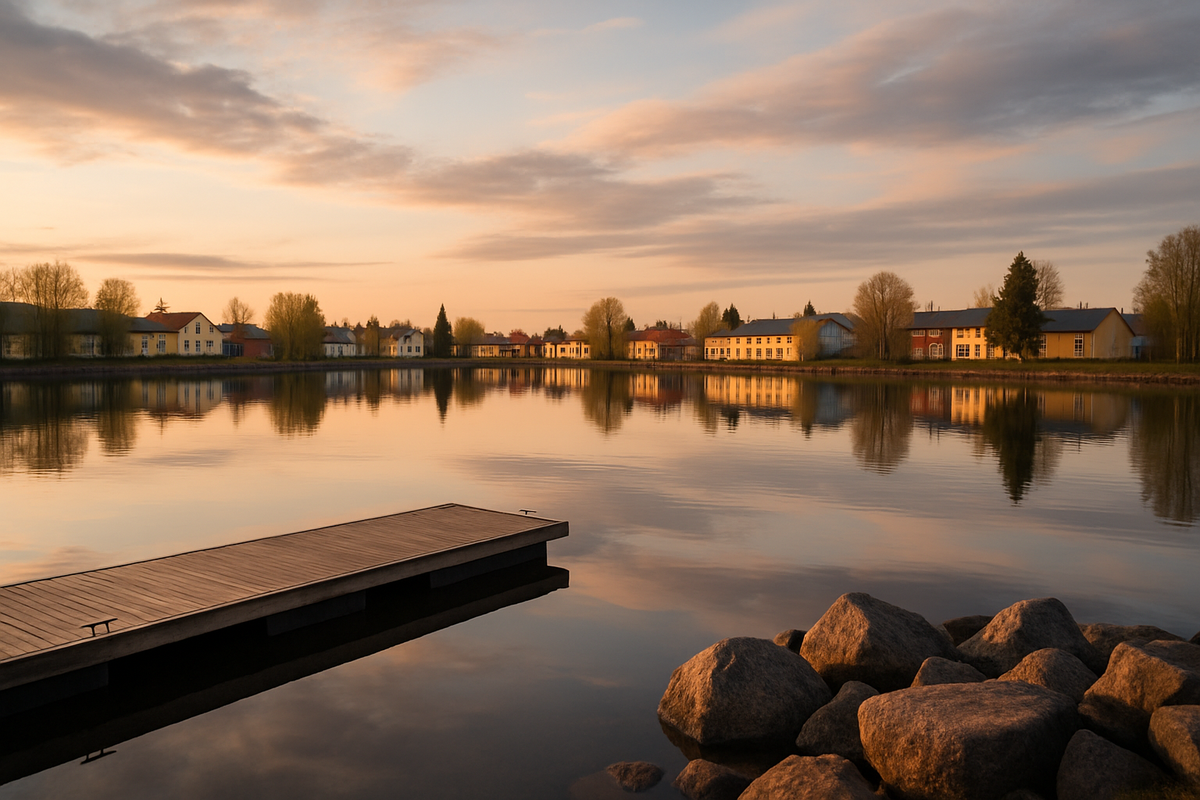 A calm harbor scene on the Bothnian Bay with still reflective water, a small pier, shoreline trees and soft sunset colors.