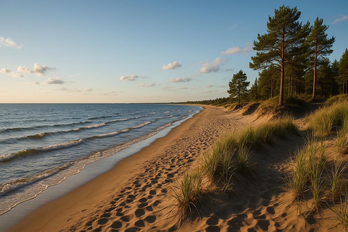 A breezy summer evening on the Bothnian Bay with a long sandy beach, small waves, low sun and dunes with beach grass and pines.
