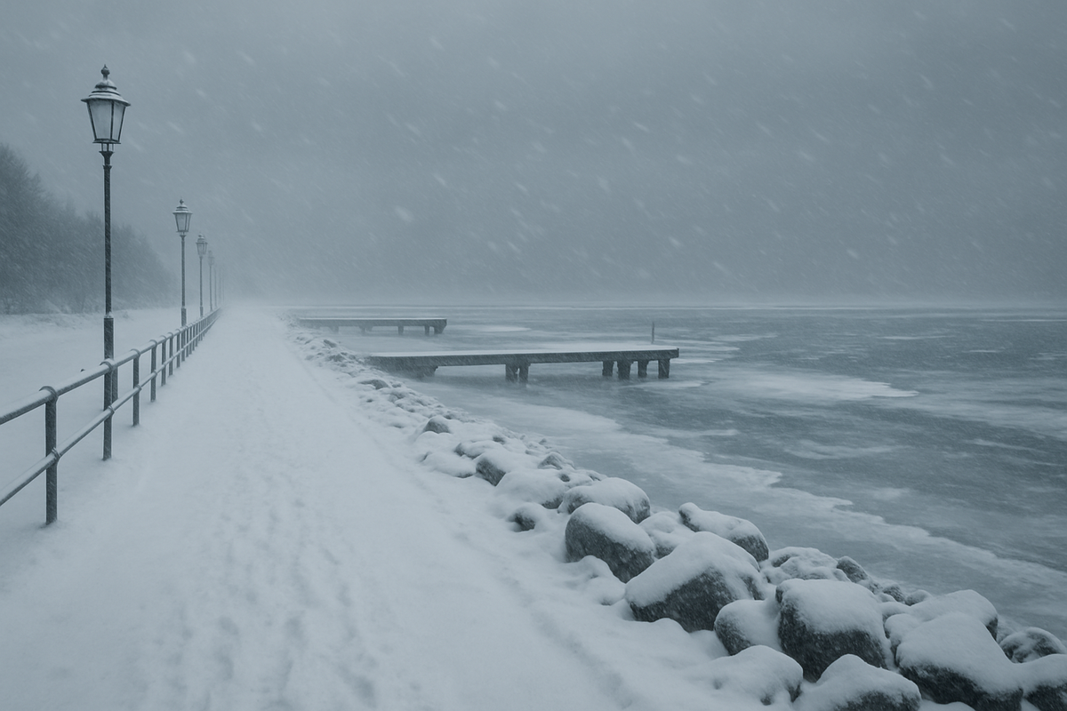 A cold winter view of the Bothnian Bay with a snowy seafront, frozen water and blowing snow under a grey sky.