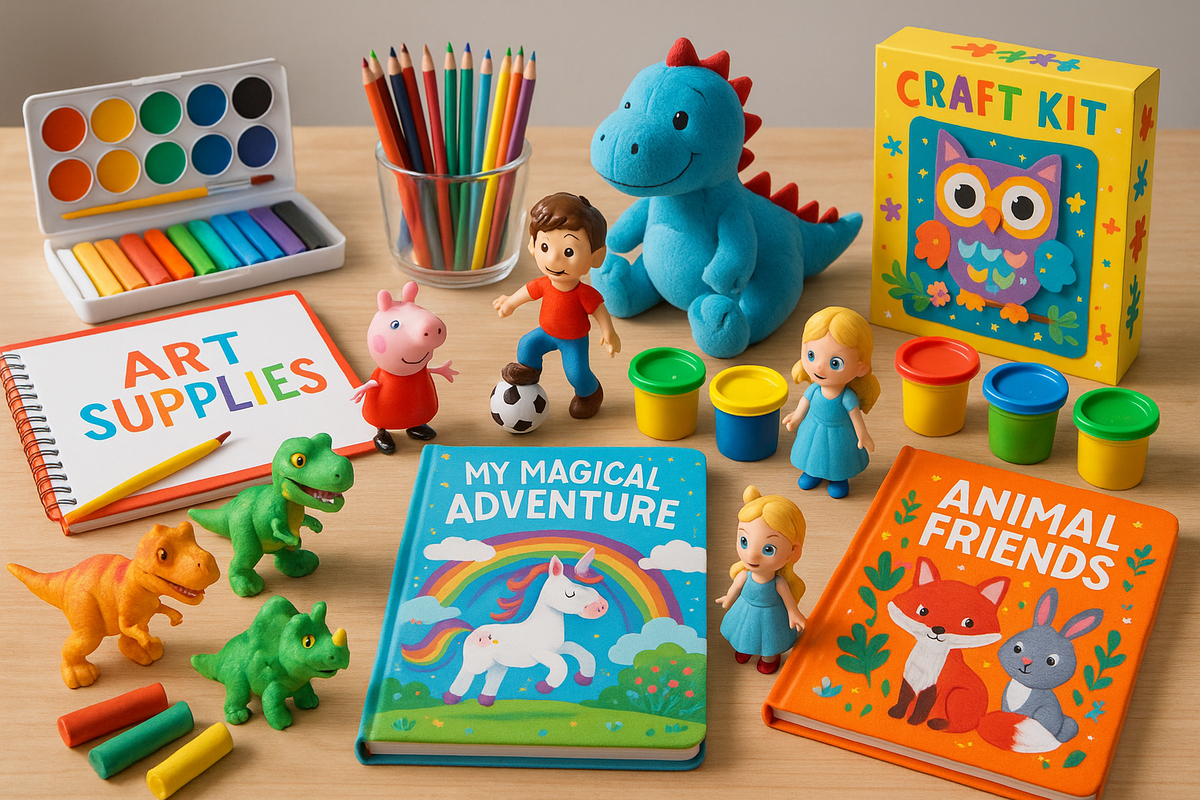 A cheerful selection of colorful, story-inspired gifts for 4â7-year-olds is arranged on a bright Scandinavian table.