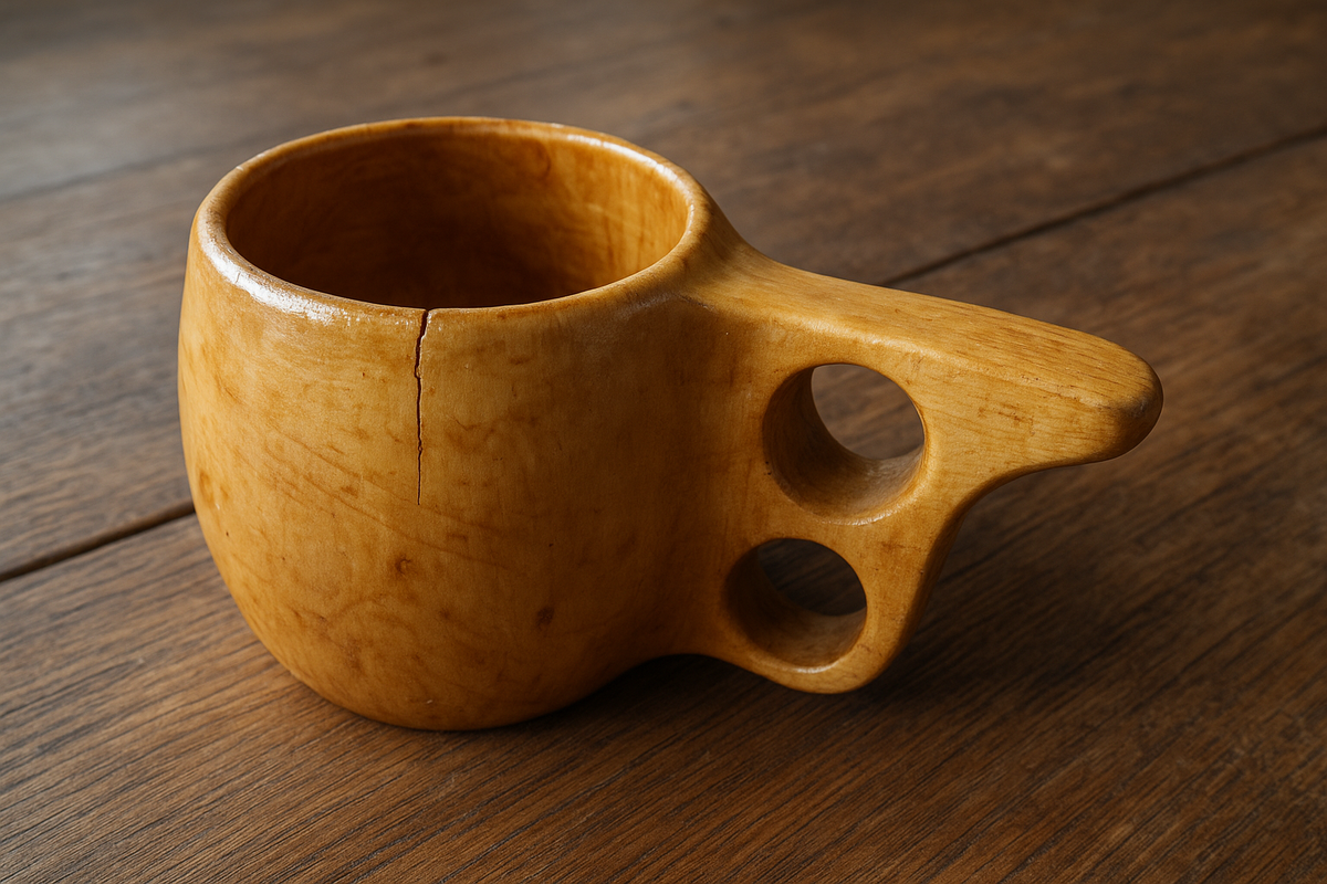 A cracked, low-quality fake kuksa cup made from soft wood.