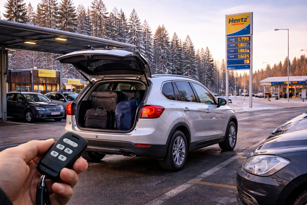 Picking up a rental car in Finland, ready for winter roads.