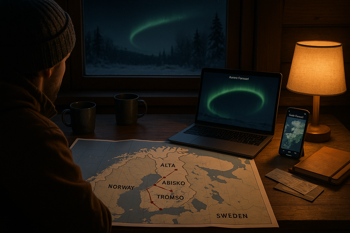 A traveler at a winter cabin table studies maps and forecasts to choose between Finnish Lapland, Norway and Sweden for the best chance to see the northern lights.
