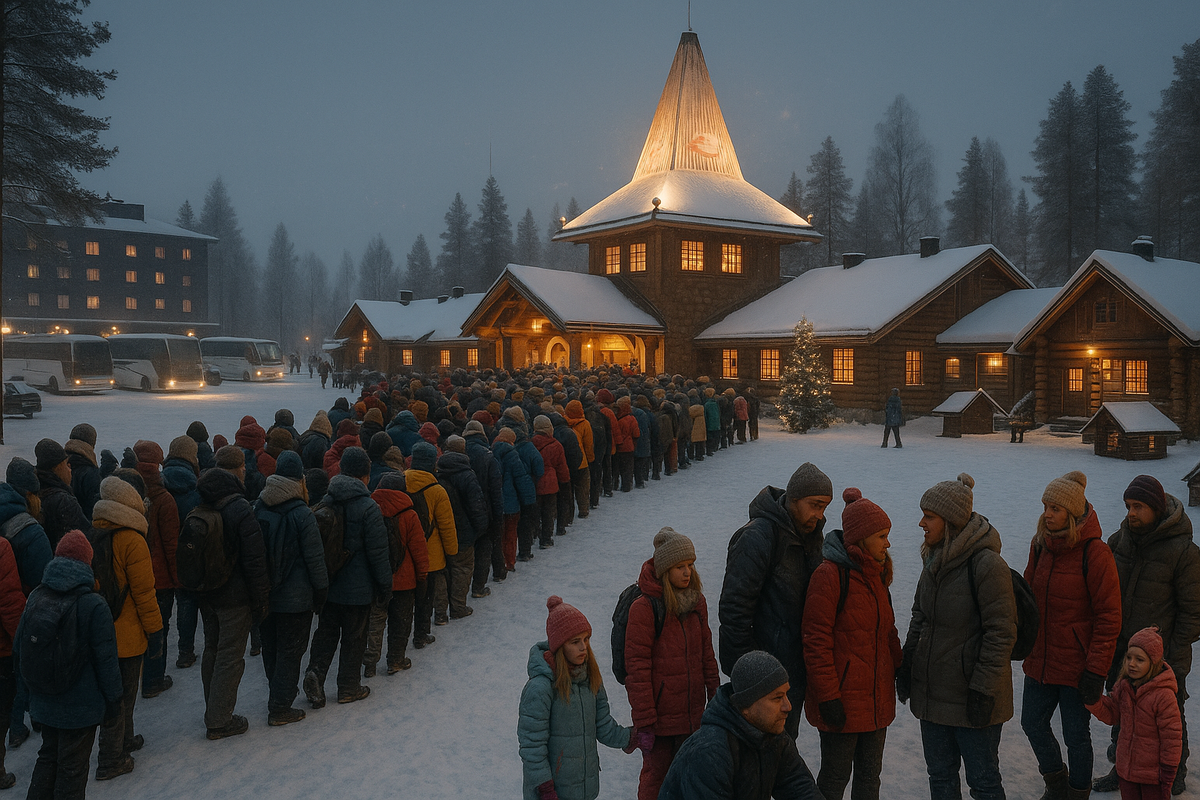A busy winter scene at Santa Claus Village in Rovaniemi shows long queues, commercial buildings and tired families alongside excited children waiting to meet Santa.
