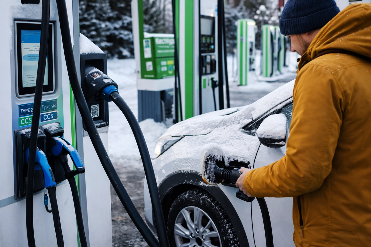 Charging an electric car in winter Finland with Type 2/CCS.