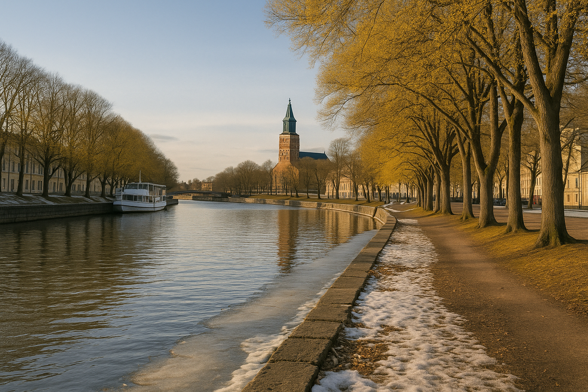 A warm early-spring scene in Turku shows the Aura River, melting snow, golden trees, and the cathedral rising in soft sunlight.