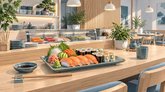 Kuvituksessa on sushilajitelma lautasella, syömäpuikot ja soijakastikeastia puisella tiskillä. Taustalla näkyy sushivitriini, astioita, puisia kalusteita ja viherkasveja.