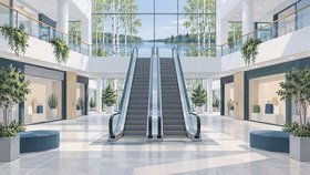 Kuvituksessa on liukuportaat, näyteikkunoita, viherkasveja ja istuimia valoisassa kauppakeskuksessa. Suurten ikkunoiden takana näkyy järvi ja koivuja.