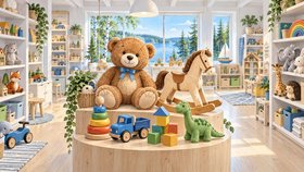 Kuvituksessa lelukaupan esittelypöydällä on nalle, puinen keinuhevonen, leikkiauto, dinosauruksen pehmolelu ja värikkäitä palikoita. Hyllyillä on lisää leluja, ja ikkunasta näkyy järvi.