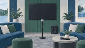 Karaoketilassa on mikrofoni jalustalla, suuri seinänäyttö ja kaiutin. Pyöreällä pöydällä on toinen mikrofoni ja maljakko. Pöydän ympärillä on sinisiä sohvia sekä vihreitä raheja.