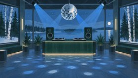 Kuvituksessa on DJ-pöytä levysoittimineen ja kaiuttimineen, peilipallo sekä siniset valokeilat tanssilattialla. Ikkunoista näkyy järvi, luminen ranta ja kuu.