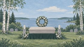 Kuvituksessa on vaalea arkku, valkokukkainen seppele ja kaksi kynttilää järven äärellä. Ympärillä näkyy hautakiviä, koivuja, havupuita ja valkoisia kukkia.