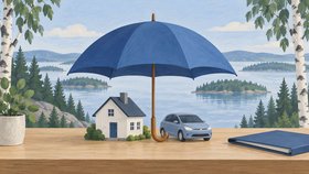 Pöydällä on pieni valkoinen talo ja siniharmaa henkilöauto suuren sinisen sateenvarjon alla. Vieressä on sininen kansio ja ruukkukasvi. Taustalla näkyy järvimaisema ja koivuja.