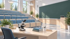 Kuvituksessa on luentosali, jossa on porrastetut istuinrivit, siniset tuolit ja suuri vihreä taulu. Etualan pöydällä on mikroskooppi, kirjoja ja kyniä.