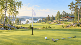 Valoisa kuvitus suomalaisesta golfkentästä. Viheriö, lippu, golfpallo ja maila koivu- ja mäntymetsän reunalla.