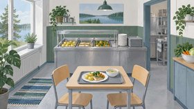 Ruokalassa on tarjoilulinjasto, jossa on perunoita, kalaa ja kasviksia. Puisella pöydällä on tarjotin, aterialautanen ja keittokulho. Vaaleassa tilassa on vihreää seinäpaneelia, huonekasveja ja järvimaisema ikkunasta.