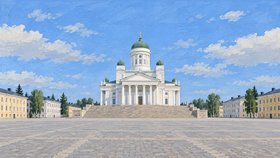 Kuvituksessa Helsingin tuomiokirkko näkyy Senaatintorin kiviportaita vasten. Valkoisessa rakennuksessa on vihreät kupolit, pylväikkö ja kellotornit. Aukiota reunustavat vaaleat historialliset rakennukset sinisen taivaan alla.
