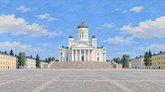 Kuvituksessa Helsingin tuomiokirkko näkyy Senaatintorin kiviportaita vasten. Valkoisessa rakennuksessa on vihreät kupolit, pylväikkö ja kellotornit. Aukiota reunustavat vaaleat historialliset rakennukset sinisen taivaan alla.
