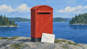 Punainen postilaatikko ja valkoinen kirjekuori ovat kallioisella järvenrannalla. Taustalla näkyy sininen järvi, metsäisiä saaria ja pilvinen taivas.