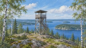 Kuvituksessa on puinen näköalatorni portaineen ja katoksineen kallioisella mäellä. Ympärillä kasvaa koivuja ja havupuita, ja taustalla näkyy järvi metsäisine saarineen.