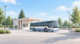 Valkosininen linja-auto seisoo pienen asemarakennuksen edessä. Rakennuksessa on palveluikkuna ja katos. Asema-alueella on penkki, valaisinpylväitä sekä puu- ja pensasistutuksia.