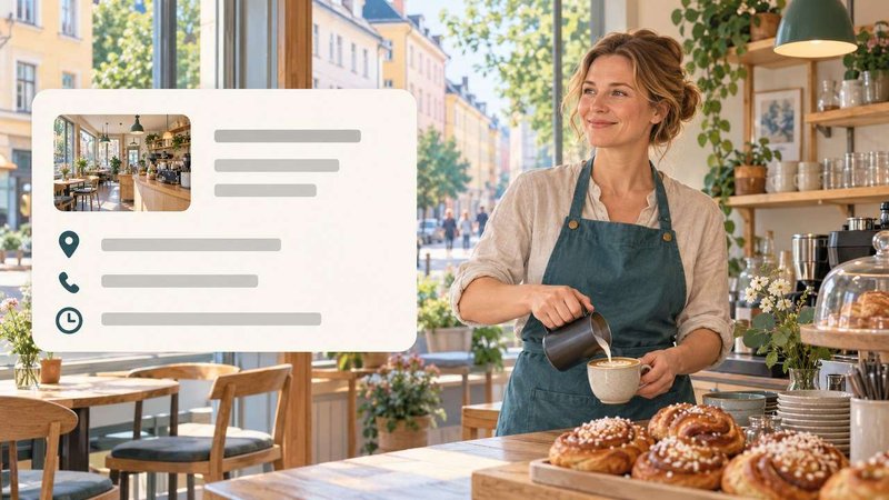 Kahvilan yrittäjä tiskin takana ja yrityksen esittelykortti.