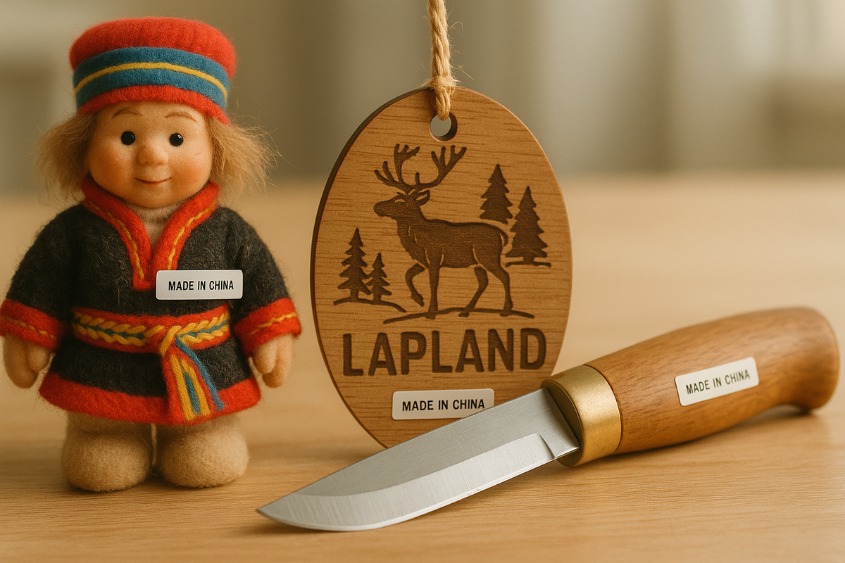 A close-up of counterfeit Sámi-style souvenirs labelled “Made in China”.
