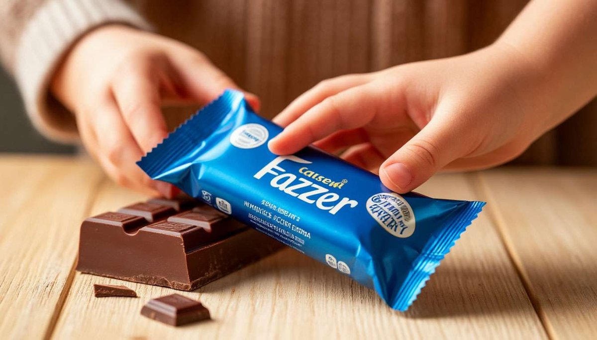 A family gathers around a table as a classic blue Fazer chocolate bar is unwrapped, highlighting its universal appeal across ages.