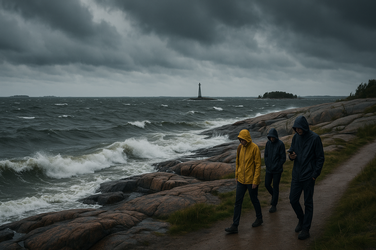Travellers in rain jackets walk along a windy Finnish seafront while checking a forecast on a phone.