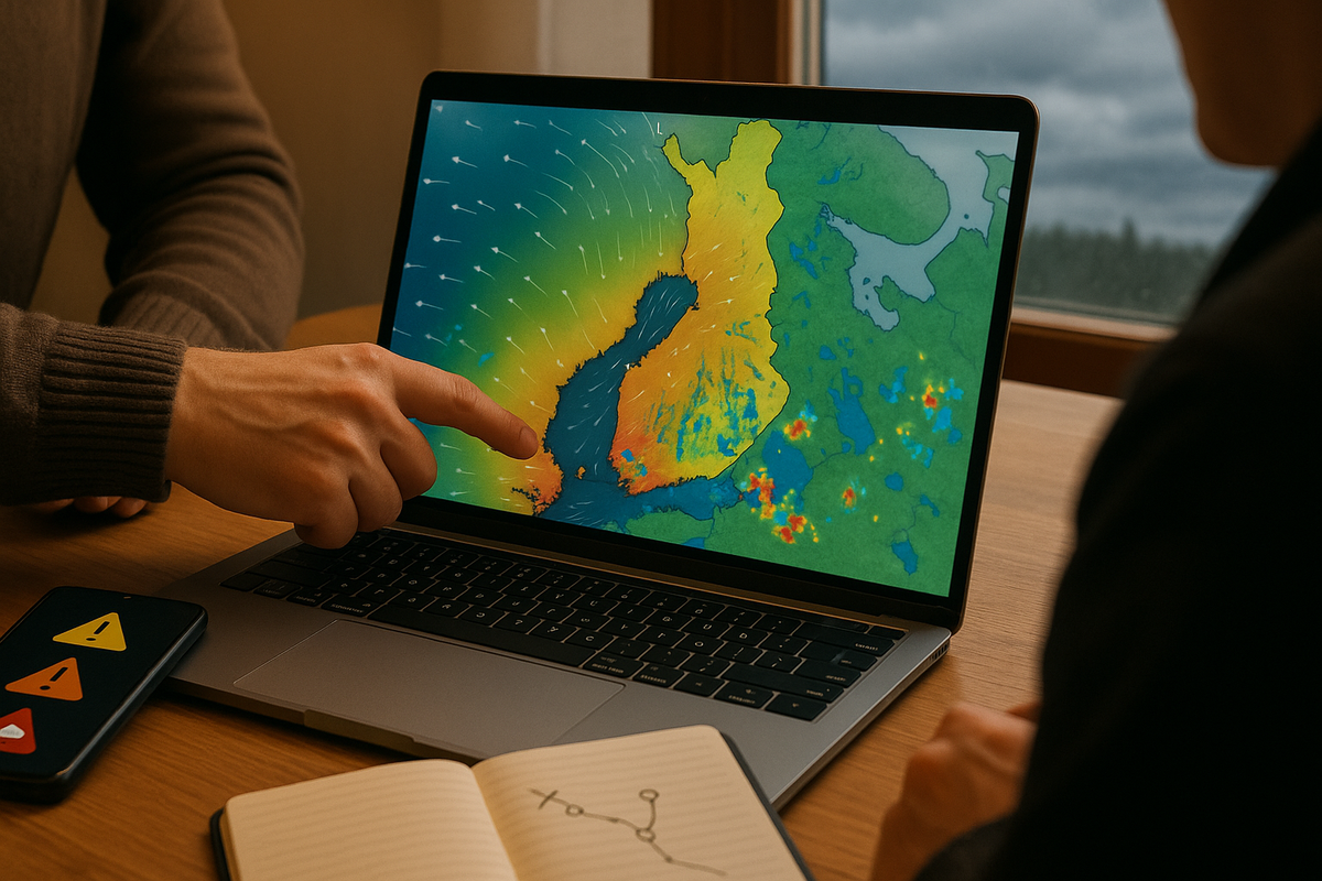 Hands point at a colourful FMI-style weather map on a laptop, planning a route with alerts and layers on the screen.