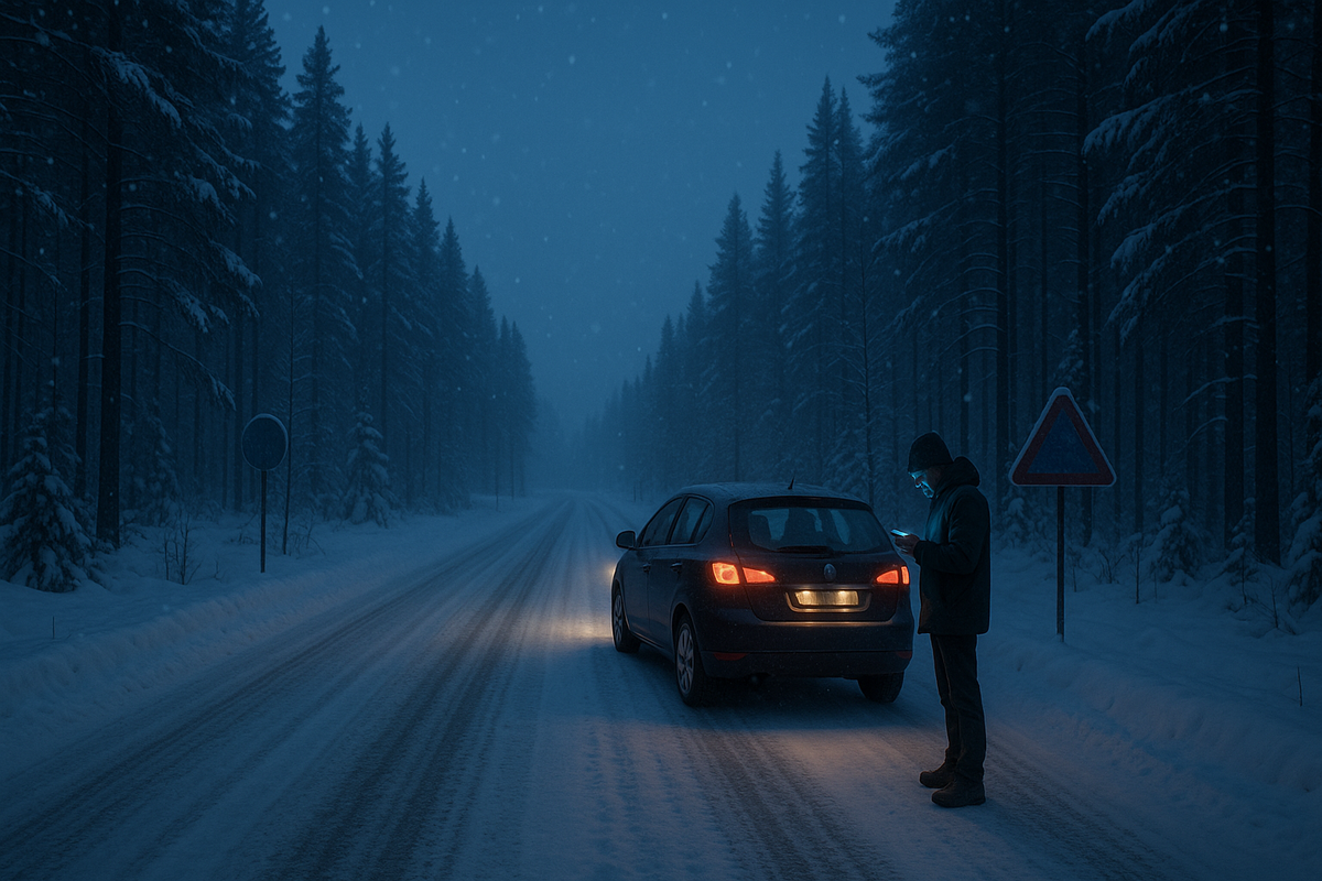 A car drives carefully along a snowy Finnish forest road while the driver checks winter weather alerts on a phone.
