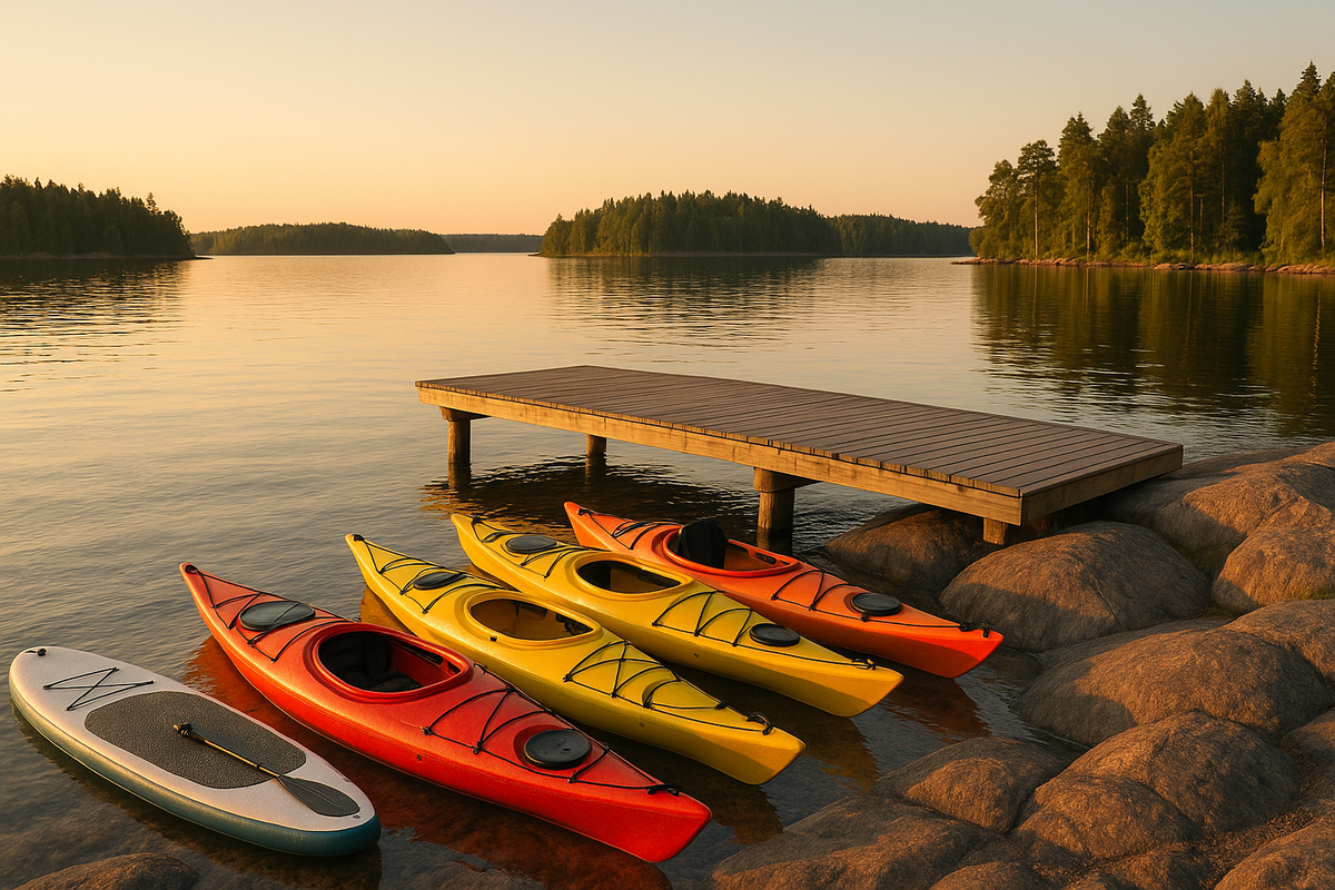 A calm evening scene on a Finnish lake with kayaks and a SUP board on smooth rocks by a small pier, still water and forested islands in soft golden light.