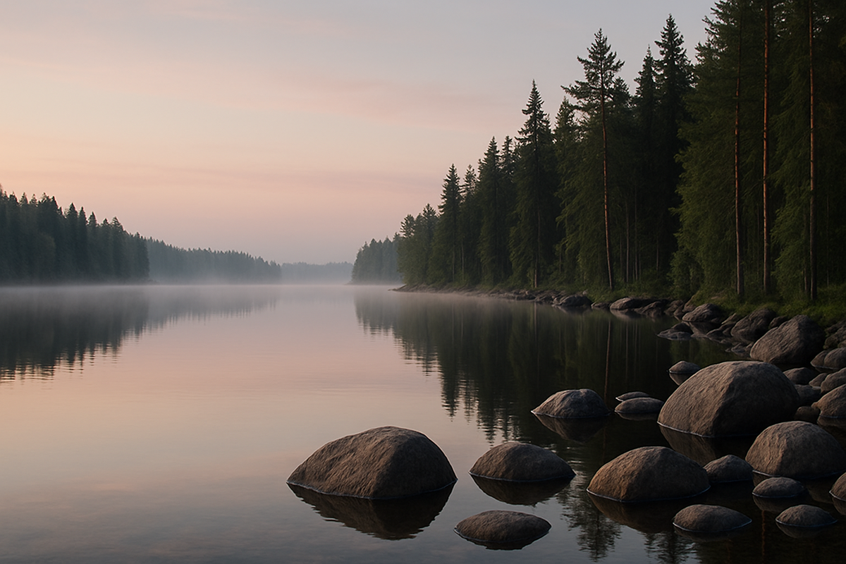 A misty early-morning view of a Finnish lake with still water, soft pastel sky, conifer forest on the shore and smooth rocks in the foreground.