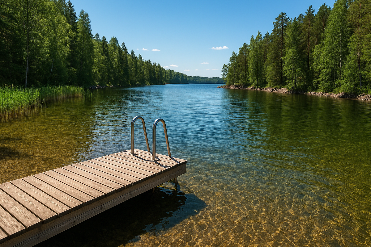 A sunny view of a sheltered inner bay on a Finnish lake with a wooden pier, shallow clear water, reeds and forested shores.