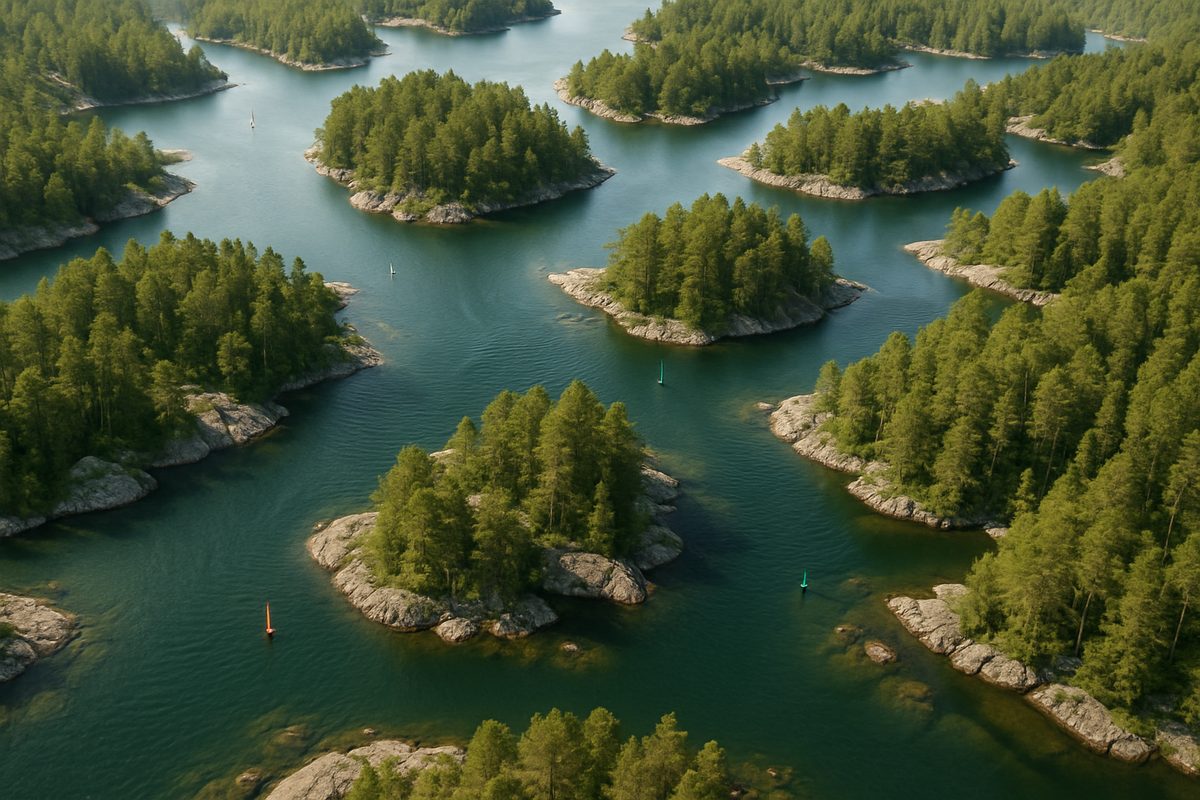 An aerial view of the Turku archipelago showing a maze of narrow channels, forested rocky islands, buoys and gently rippled sea