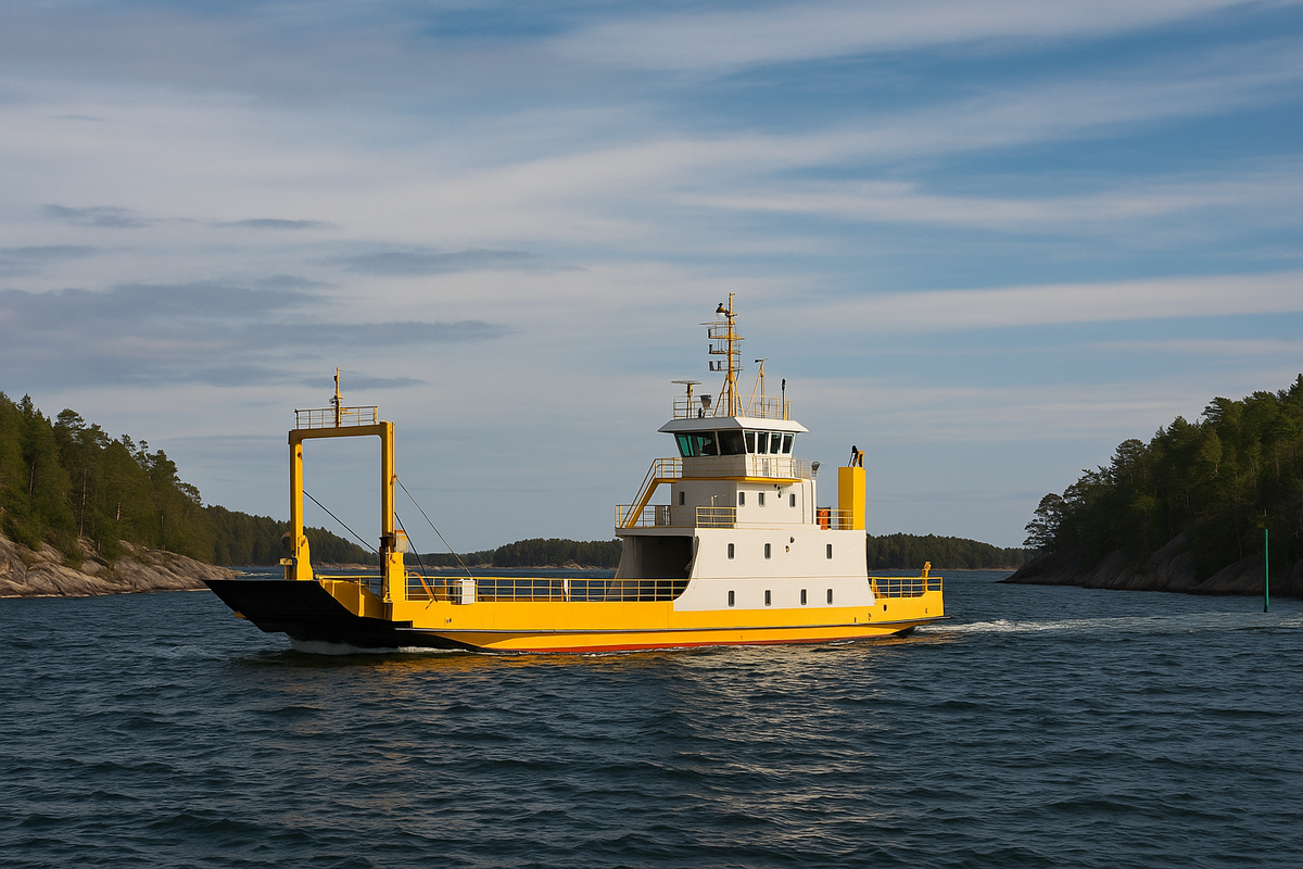 A small Finnish archipelago ferry sails on gently choppy dark-blue water between forested rocky islands with navigation markers in the channel.