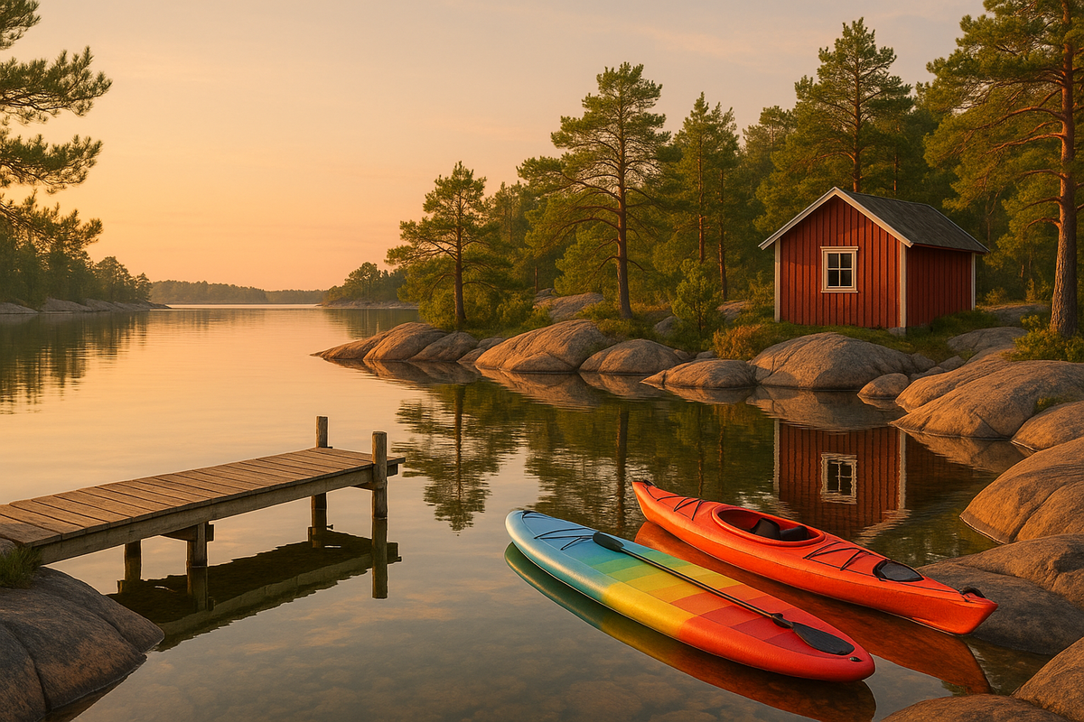 A calm inner bay in the Turku or Åland archipelago with mirror-like water, a small pier, a SUP board and a kayak on warm rocks, pine trees and a red boathouse.