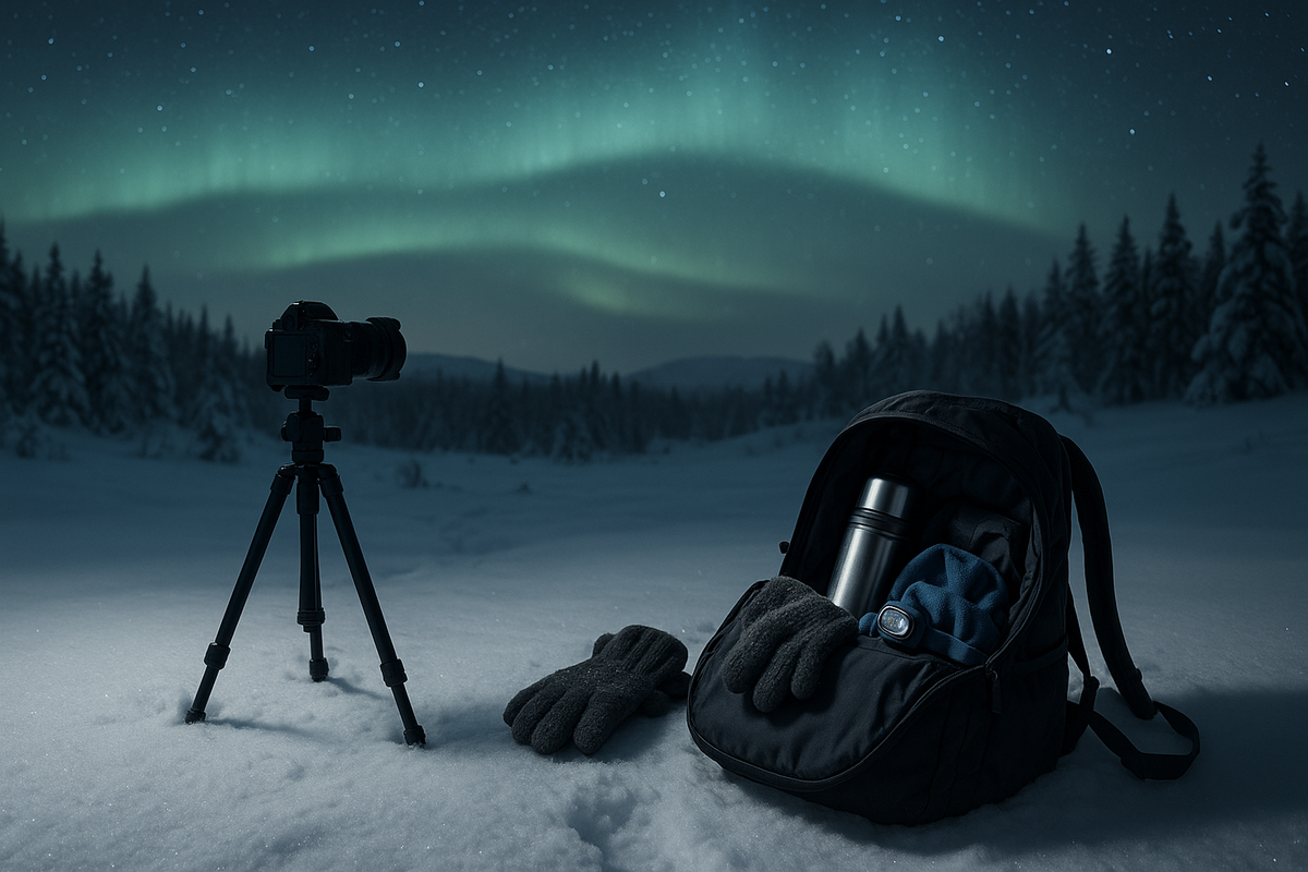Winter night gear on snow with a camera tripod and faint northern lights in the sky.
